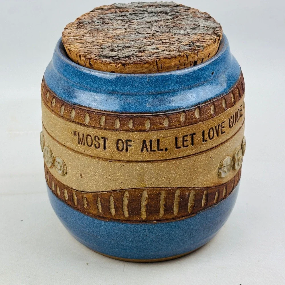 Down to Earth Pottery Jar Cork Lid Blue Let Love Guide Your Life Colossians 3:14